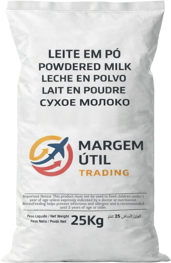 25 kg bag of powdered milk with the Margem Útil Trading brand