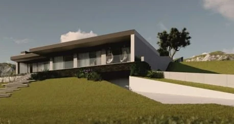 Rendering of a single-storey house on a grass slope